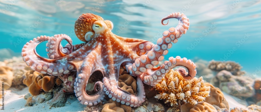 Naklejka premium Beautiful octopus with intricate patterns explores vibrant coral reef in clear blue ocean water, showcasing marine life.