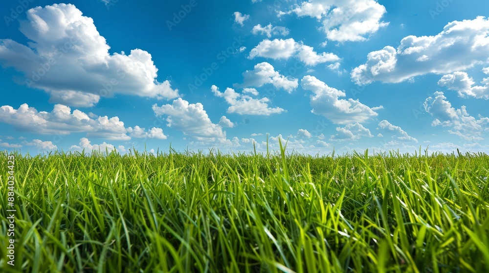 Low Angle View of Lush Green Grass Under a Bright Blue Sky with White Clouds, grass , sky , clouds , nature Low Angle View of Lush Green Grass Under a Bright Blue Sky with White Clouds, grass , sky , clouds , nature
