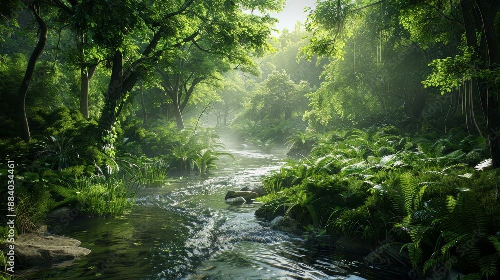 Lush Green Jungle River, Digital Painting, Foggy Forest, Stream, Nature , rainforest , jungle Lush Green Jungle River, Digital Painting, Foggy Forest, Stream, Nature , rainforest , jungle