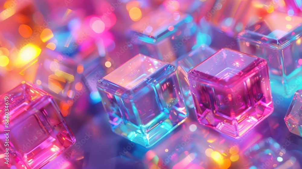Colorful 3D Glass Cubes on a Reflective Surface with Glowing Lights Colorful 3D Glass Cubes on a Reflective Surface with Glowing Lights