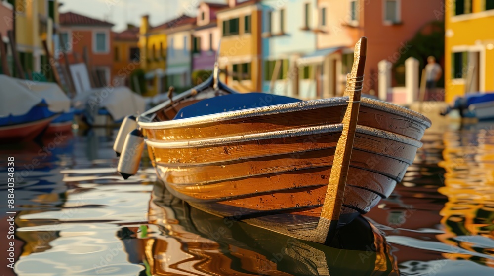 Obraz premium Close-up of a traditional wooden boat docked along the canal in Burano, Italy, with vibrant houses and water reflections in the background, showcasing the local maritime heritage, Portrait close-up,