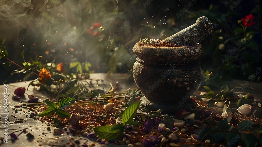 Weathered Stone Mortar and Pestle with Freshly Harvested Herbs in Moody Chiaroscuro Lighting Weathered Stone Mortar and Pestle with Freshly Harvested Herbs in Moody Chiaroscuro Lighting