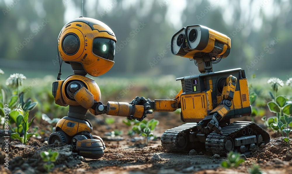 A male robot and human farmer shake hands, embodying the collaboration between deep machine learning and artificial intelligence technology. A male robot and human farmer shake hands, embodying the collaboration between deep machine learning and artificial intelligence technology.