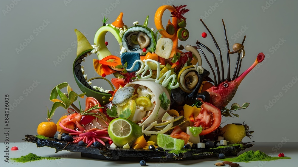 Vibrant Peruvian Dishes Arranged in Surreal and Whimsical Composition Vibrant Peruvian Dishes Arranged in Surreal and Whimsical Composition