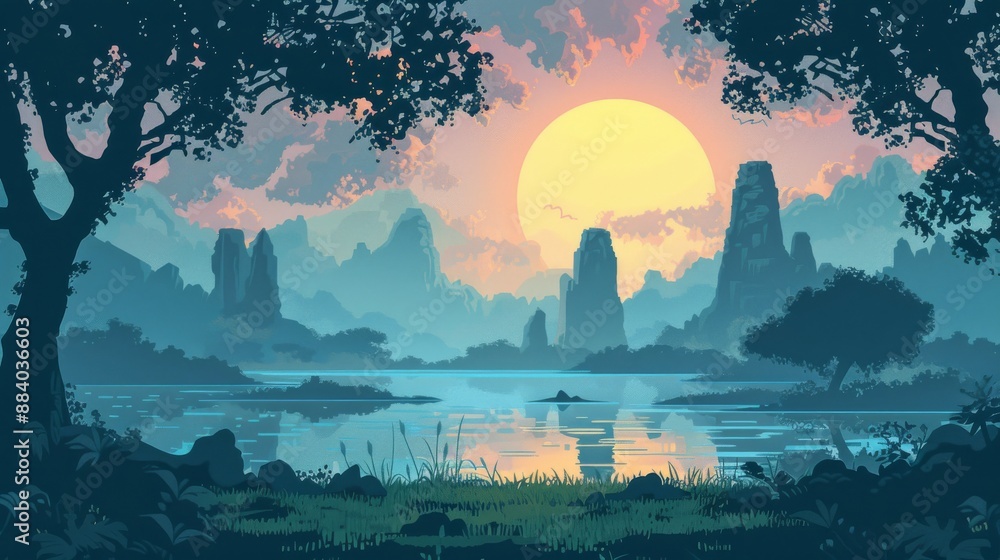 Tranquil sunset over serene lake and majestic mountains Tranquil sunset over serene lake and majestic mountains
