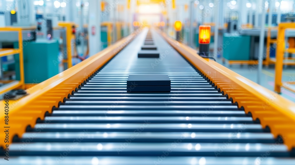 Inside a high-tech manufacturing plant, where automated machinery and conveyor belts produce network components, surrounded by a clean, organized workspace and advanced infrastructure Inside a high-tech manufacturing plant, where automated machinery and conveyor belts produce network components, surrounded by a clean, organized workspace and advanced infrastructure