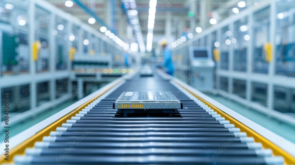 Inside a high-tech manufacturing plant, where automated machinery and conveyor belts produce network components, surrounded by a clean, organized workspace and advanced infrastructure Inside a high-tech manufacturing plant, where automated machinery and conveyor belts produce network components, surrounded by a clean, organized workspace and advanced infrastructure