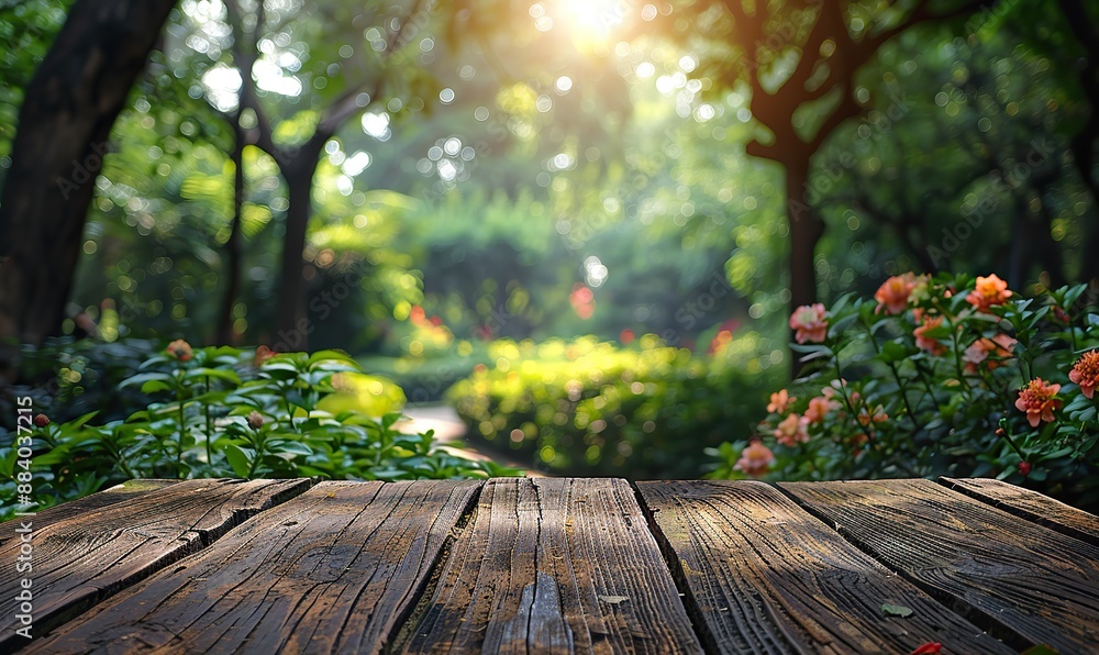 In the park's green garden, a wooden table displays food products against a blurred, natural background of trees, capturing the essence of summer and spring in an outdoor space. In the park's green garden, a wooden table displays food products against a blurred, natural background of trees, capturing the essence of summer and spring in an outdoor space.