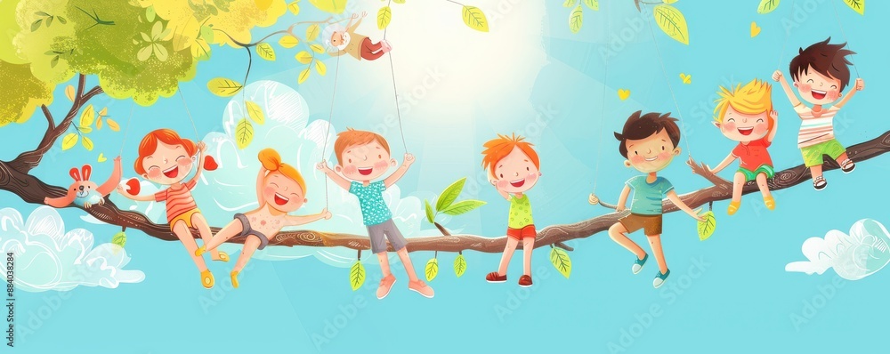 A group of children are playing on a tree branch. Illustration. A group of children are playing on a tree branch. Illustration.