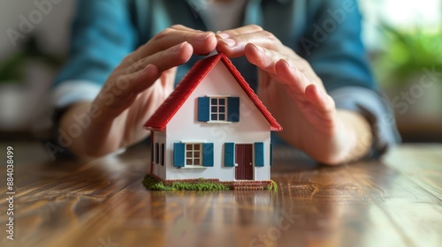 Hands protecting a house model photo