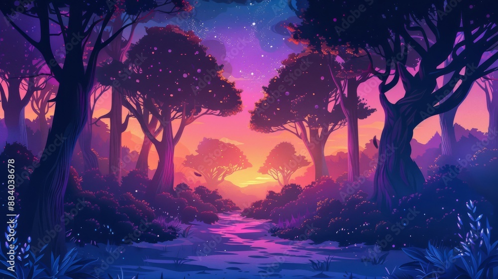 Obraz premium Mystical journey through the enchanted forest at sunset