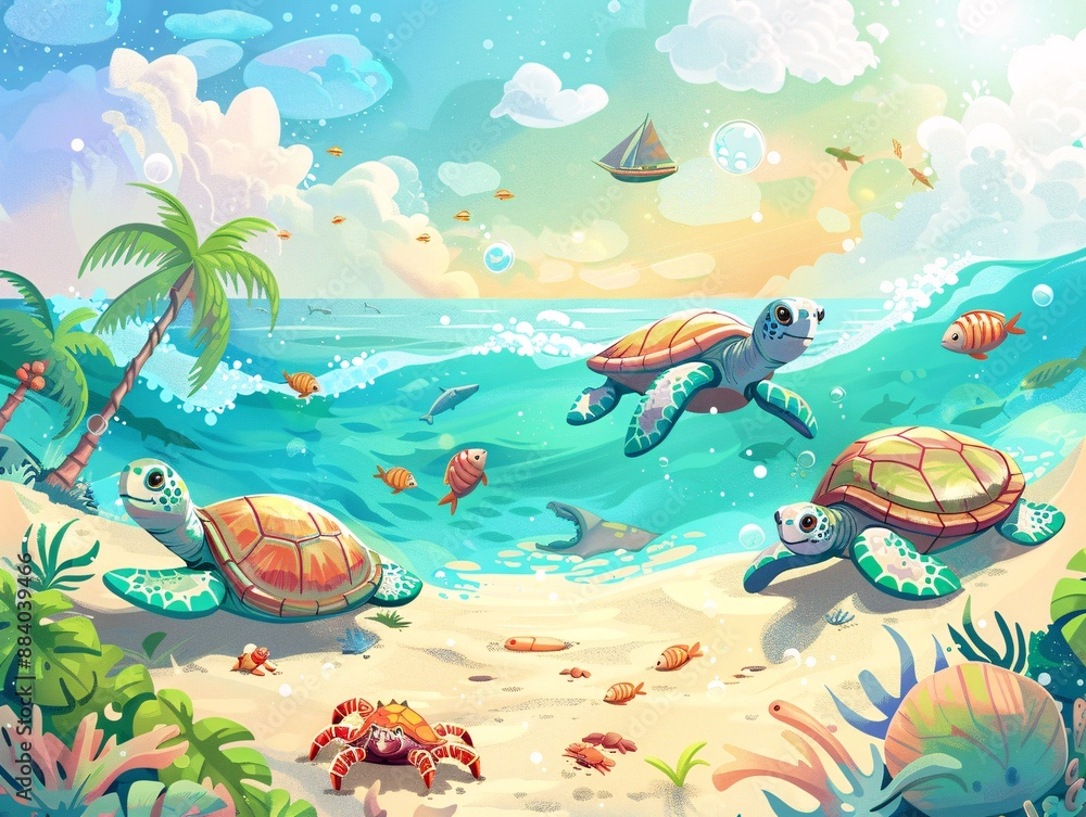 4. Enchanting marine and beach scene showcasing kawaii turtles enjoying their surroundings, with a mix of sea life including fish and crabs, colorful coral, and a sunny beach with coconut trees and 4. Enchanting marine and beach scene showcasing kawaii turtles enjoying their surroundings, with a mix of sea life including fish and crabs, colorful coral, and a sunny beach with coconut trees and