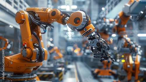 An advanced engineering facility where a 3D vector robot chatbot oversees the construction of AI-integrated machinery.