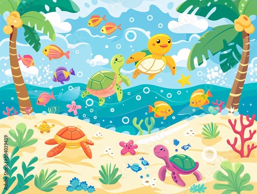 4. Enchanting marine and beach scene showcasing kawaii turtles enjoying their surroundings, with a mix of sea life including fish and crabs, colorful coral, and a sunny beach with coconut trees and