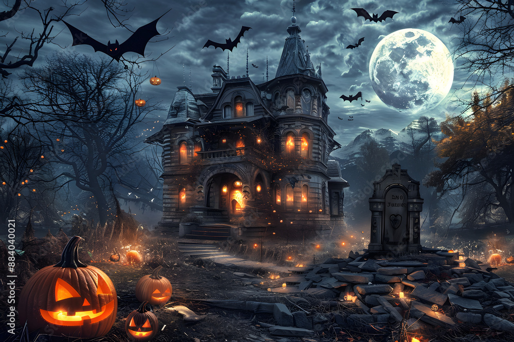 spooky house with vampires at night with pumpkins for halloween spooky house with vampires at night with pumpkins for halloween