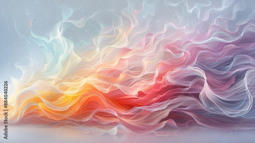 Obraz premium Colorful abstract background with flowing wave patterns in soft hues of pink, orange, and blue creating a dreamy, ethereal effect.
