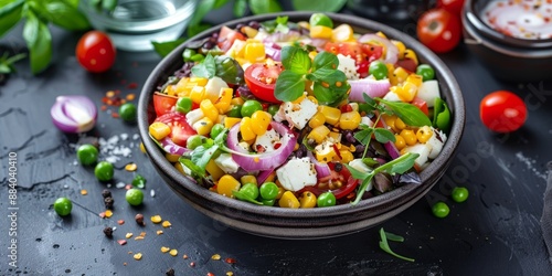 A colorful vegan salad with fresh vegetables like tomatoes, corn, peas, onions, cilantro, and spices, offering a healthy and delicious meal option full of antioxidants and minerals