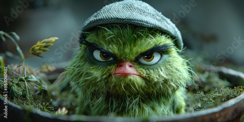 Green grumpy monster. National Grouch Day grouchy emoji, October 15th photo