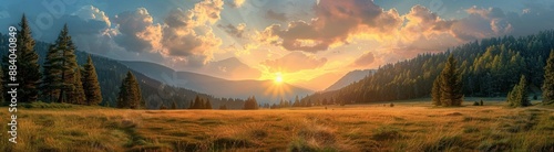 Golden Hour Sunset Over Mountain Meadow