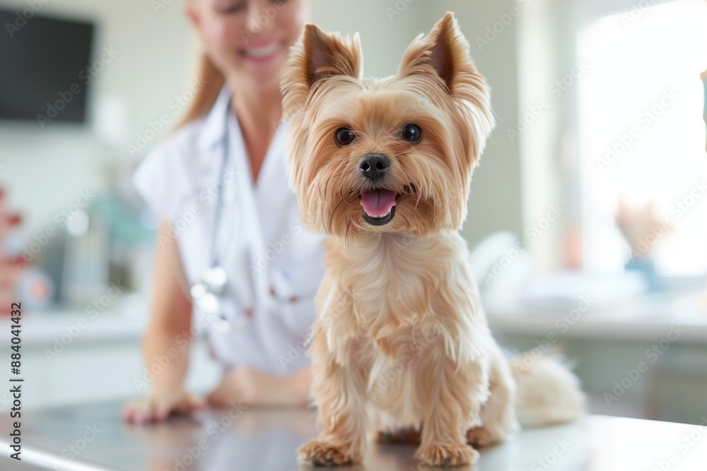 A happy Yorkshire terrier sits on a table in a veterinary clinic A happy Yorkshire terrier sits on a table in a veterinary clinic