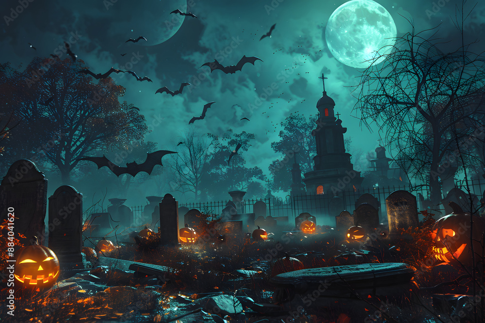 Obraz premium spooky cemetery with pumpkins, graves, halloween bats