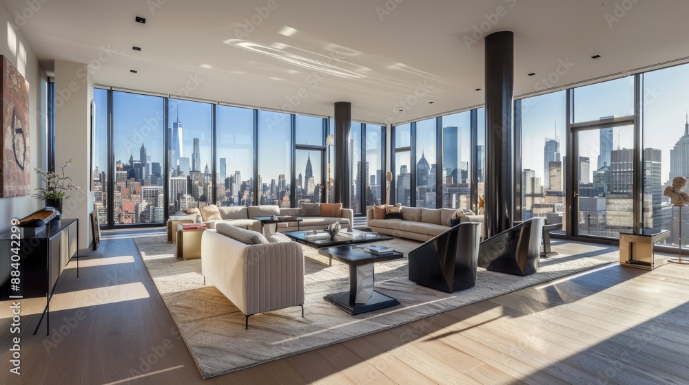 An expansive open-concept living room with floor-to-ceiling windows showcasing a city skyline An expansive open-concept living room with floor-to-ceiling windows showcasing a city skyline