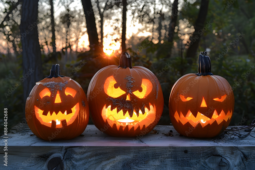 three pumpkins with a bad face and illuminated from the inside for Halloween and with a forest behind three pumpkins with a bad face and illuminated from the inside for Halloween and with a forest behind