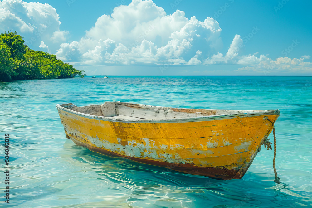 Naklejka premium Small yellow wooden boat floating on calm turquoise water