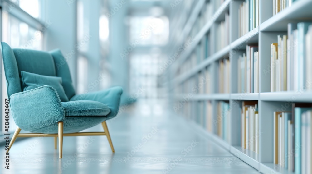 Cozy modern blue armchair in a spacious, bright library with shelves filled with books, providing a quiet reading area and a tranquil environment. Cozy modern blue armchair in a spacious, bright library with shelves filled with books, providing a quiet reading area and a tranquil environment.