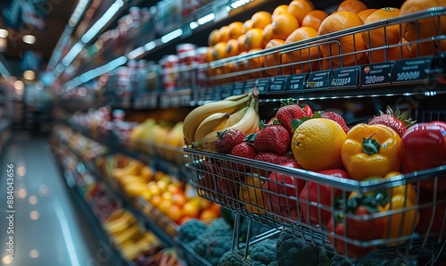 Fresh fruits and vegetables stocked on shelves at a supermarket or grocery store, with labelled aisles and a shopping cart or trolley nearby. photo