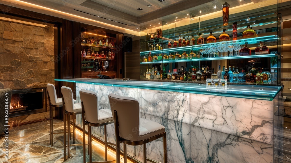 A chic home bar with a marble countertop, sleek bar stools, glass shelving showcasing an array of spirits, and ambient under-cabinet lighting. A chic home bar with a marble countertop, sleek bar stools, glass shelving showcasing an array of spirits, and ambient under-cabinet lighting.
