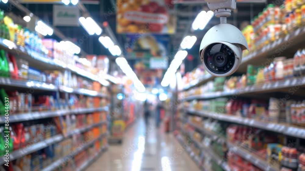 Naklejka premium A CCTV camera mounted in a store aisle, monitoring for theft prevention.