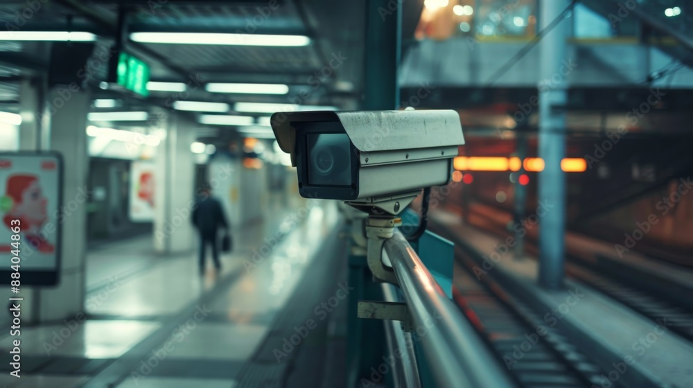 A CCTV camera overlooking a public transportation hub for passenger safety. A CCTV camera overlooking a public transportation hub for passenger safety.