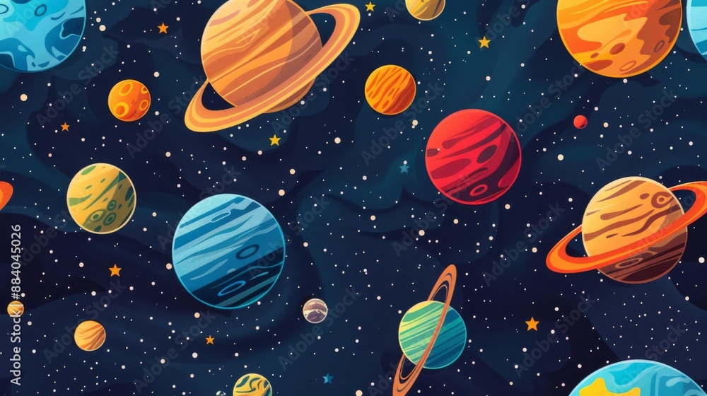 Colorful cartoon planets and stars seamless pattern on dark blue background Colorful cartoon planets and stars seamless pattern on dark blue background
