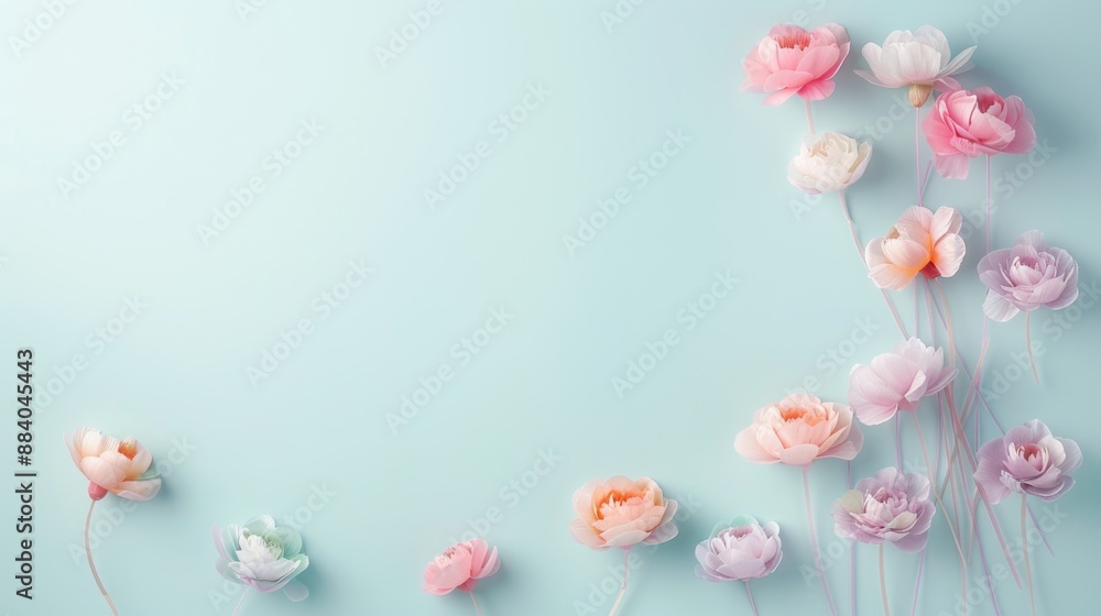 Delicate pastel flowers arranged on a light blue background, creating a soft and elegant floral design perfect for various creative projects. Delicate pastel flowers arranged on a light blue background, creating a soft and elegant floral design perfect for various creative projects.