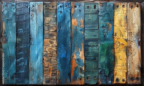 The rustic-style wooden board, painted abstractly in shades of green and blue, showcases a colorful and dark texture.