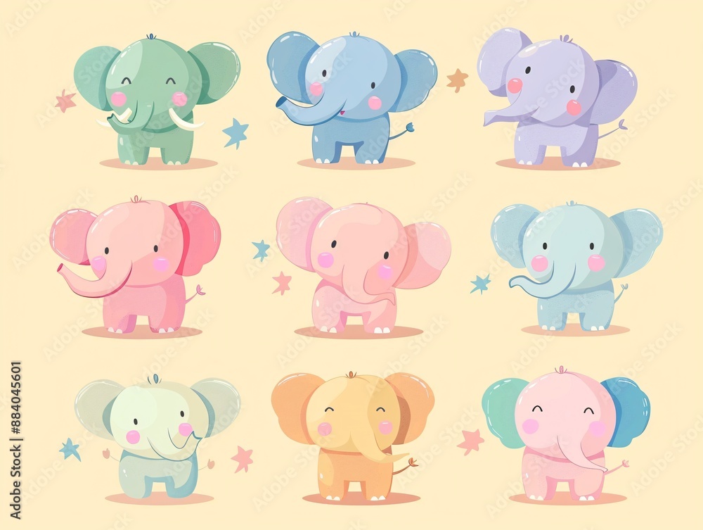 Fototapeta premium 2. Adorable collection of pastel-colored elephant characters with round bodies, showcasing a variety of feelings and poses, from happy and playful to sleepy and curious, drawn in a kawaii vector