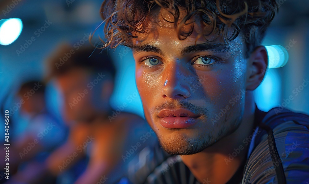 A young athletic man in sportswear is cycling on exercise bikes at the gym, as captured in this portrait. A young athletic man in sportswear is cycling on exercise bikes at the gym, as captured in this portrait.