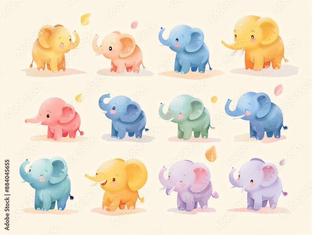 Fototapeta premium 5. Delightful array of round, pastel-colored elephants in various poses and emotions, from cheerful and energetic to calm and sleepy, all rendered in a kawaii vector style on a simple background,