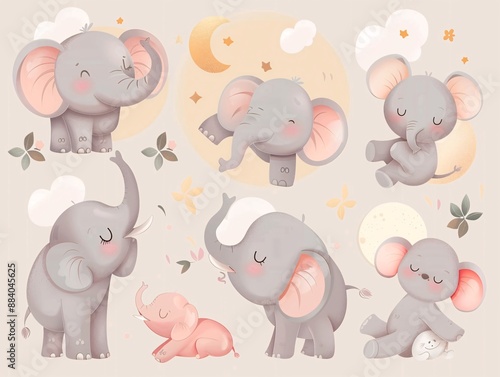3. Charming set of kawaii elephants in round shapes and pastel tones, depicting different moods and activities, such as jumping, playing, and napping, all illustrated in a delightful vector design on