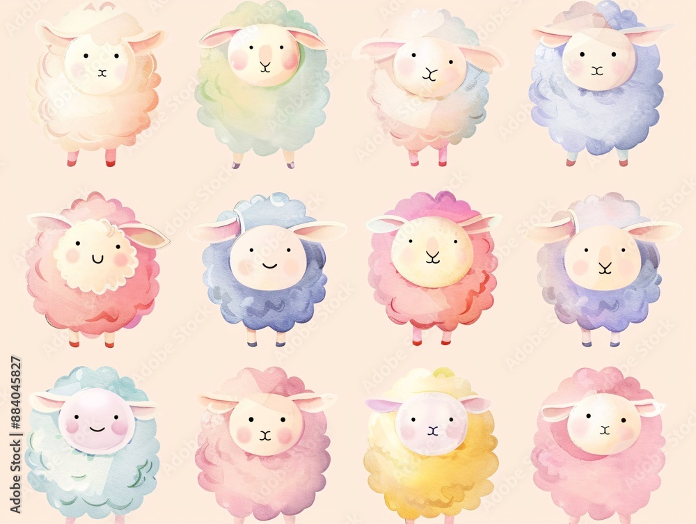 Obraz premium 5. Delightful array of round, pastel-colored sheep in various poses and emotions, from cheerful and energetic to calm and sleepy, all rendered in a kawaii vector style on a simple background, perfect