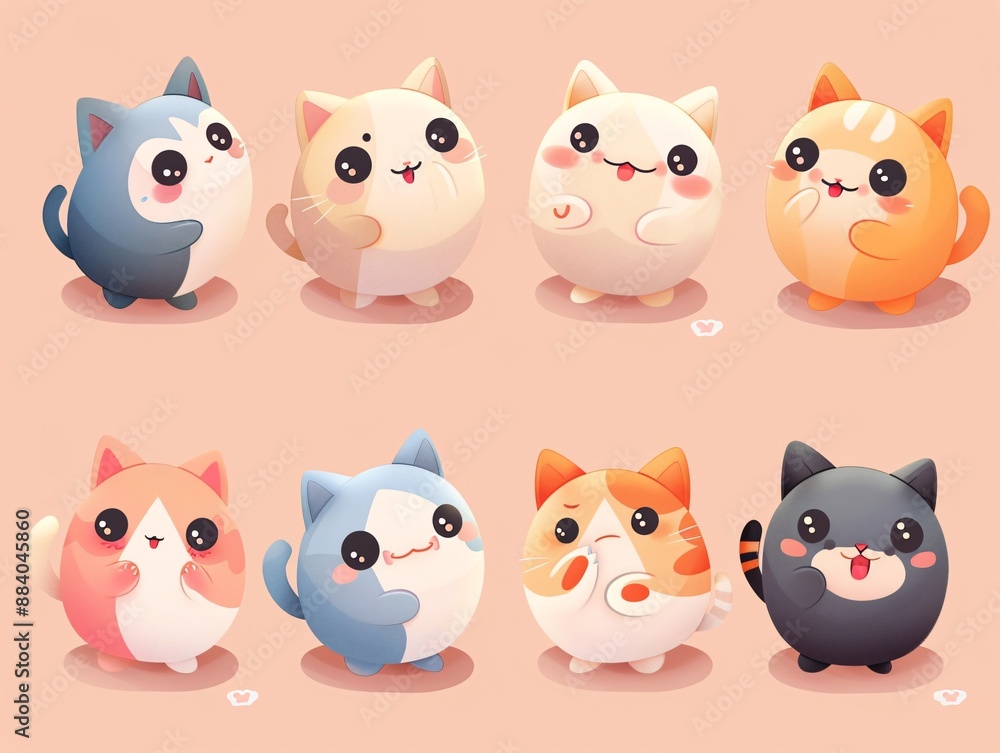 4. Pastel-themed collection of cute, round-shaped cat characters, each exhibiting unique poses and expressions, like joyful, surprised, and relaxed, illustrated in a kawaii cartoon style, ideal for a 4. Pastel-themed collection of cute, round-shaped cat characters, each exhibiting unique poses and expressions, like joyful, surprised, and relaxed, illustrated in a kawaii cartoon style, ideal for a