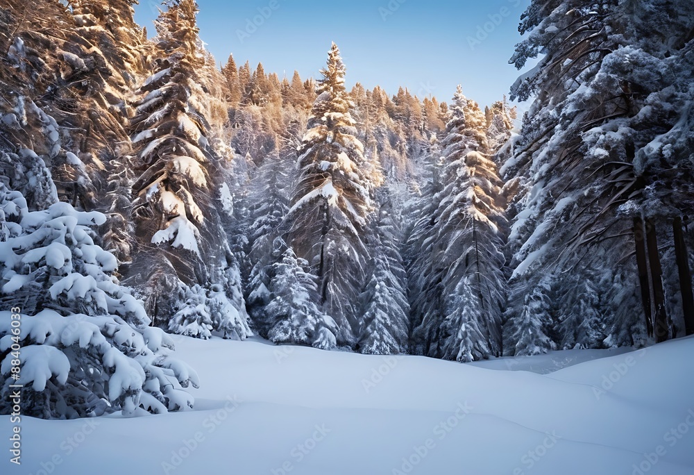 A wintery scene with pine trees heavily laden with fresh snow, creating a serene and peaceful atmosphere. A wintery scene with pine trees heavily laden with fresh snow, creating a serene and peaceful atmosphere.