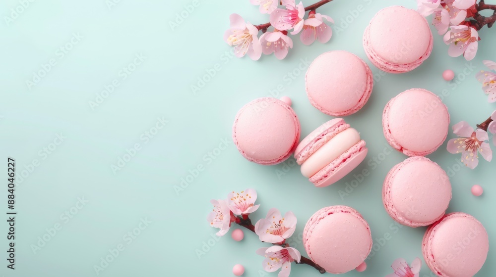 Delicate pink macarons arranged with cherry blossoms on a pastel blue background, capturing a sweet and elegant treat in a springtime setting. Delicate pink macarons arranged with cherry blossoms on a pastel blue background, capturing a sweet and elegant treat in a springtime setting.