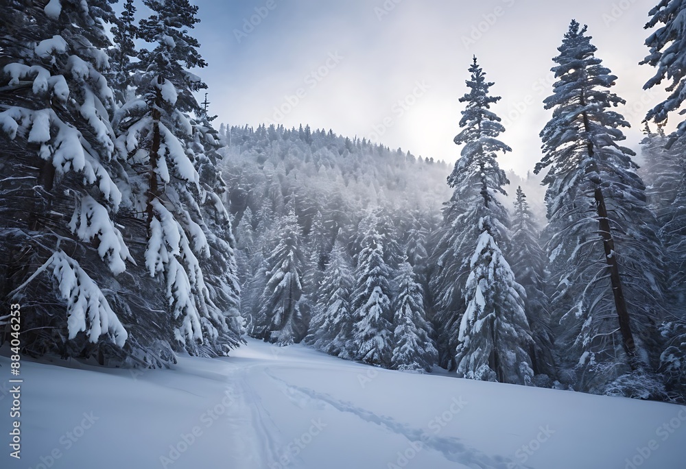 A wintery scene with pine trees heavily laden with fresh snow, creating a serene and peaceful atmosphere. A wintery scene with pine trees heavily laden with fresh snow, creating a serene and peaceful atmosphere.