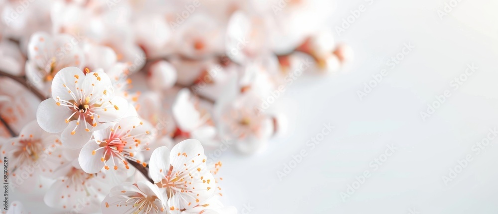 Delicate white cherry blossoms in full bloom against a soft, light background, embodying the beauty and tranquility of springtime. Delicate white cherry blossoms in full bloom against a soft, light background, embodying the beauty and tranquility of springtime.