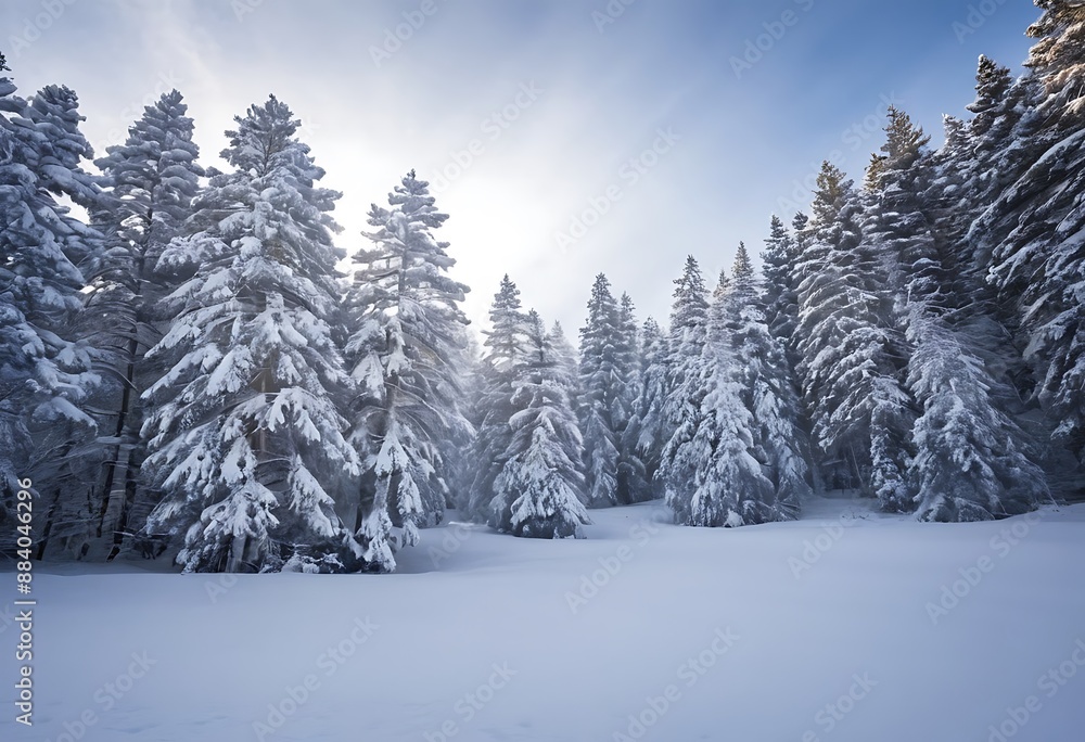 A wintery scene with pine trees heavily laden with fresh snow, creating a serene and peaceful atmosphere. A wintery scene with pine trees heavily laden with fresh snow, creating a serene and peaceful atmosphere.