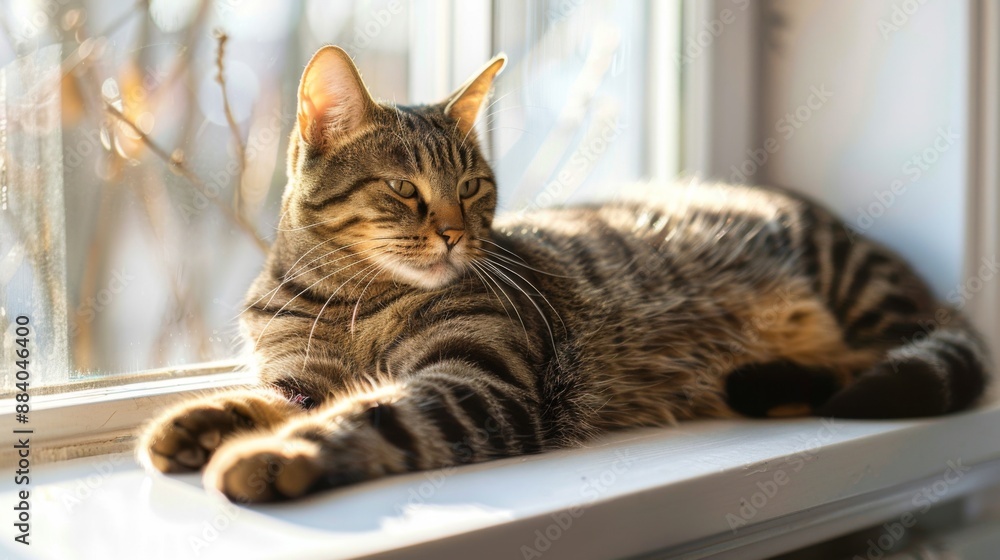 A chubby tabby cat lounging on a sunlit windowsill, looking content and relaxed. A chubby tabby cat lounging on a sunlit windowsill, looking content and relaxed.