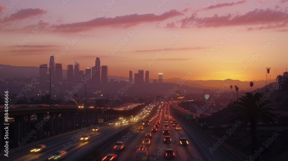 A city skyline at sunset, with traffic moving smoothly on a modern highway below. A city skyline at sunset, with traffic moving smoothly on a modern highway below.