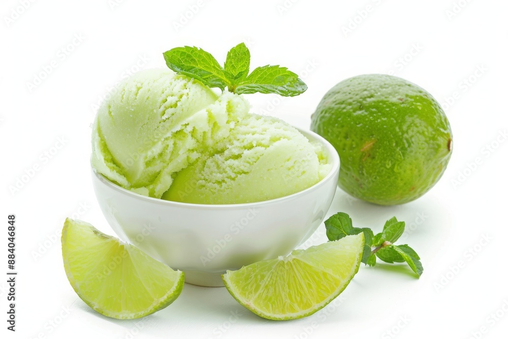 Delicious Bowl of Lime Sorbet Isolated on a white background Delicious Bowl of Lime Sorbet Isolated on a white background